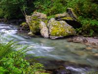 Gruppe mächtiger Felsblöcke am Ufer des Talbaches